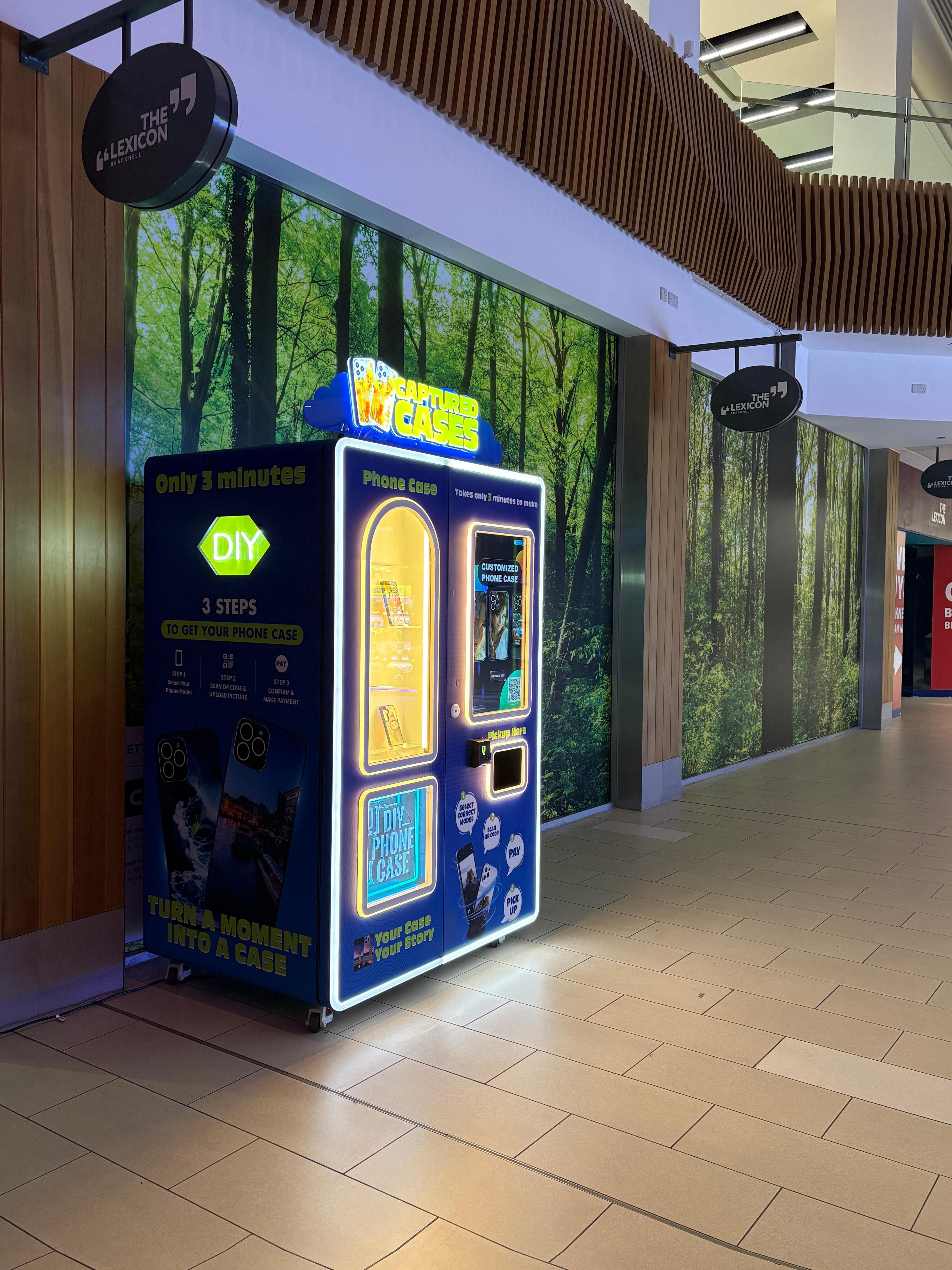 Side view of the Captured Cases kiosk at The Lexicon